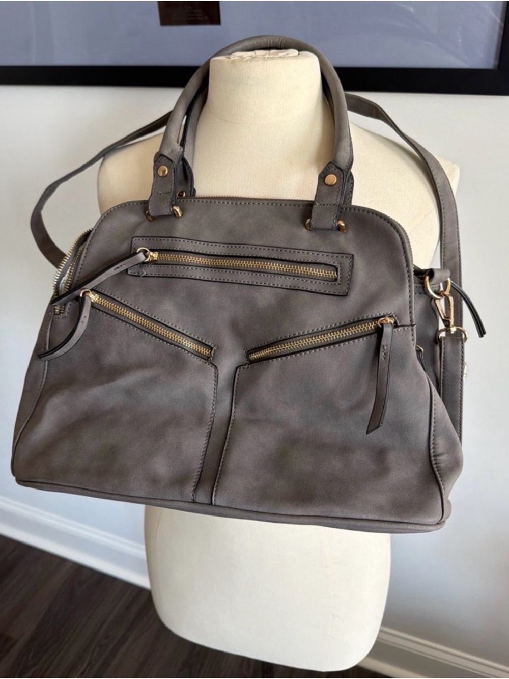 Crossbody Tote Purse Gray Leather Satchel Handbag - Unbranded